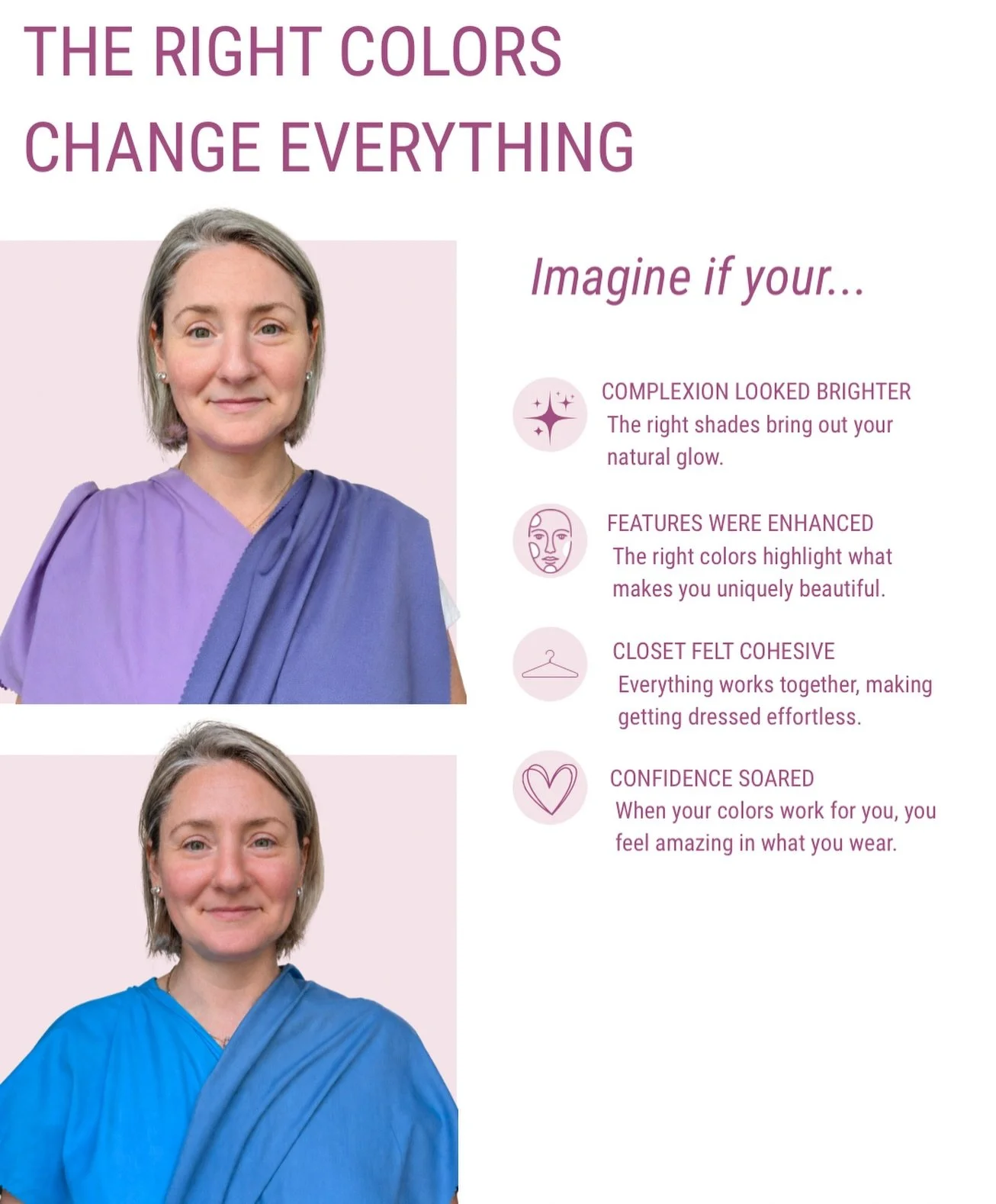 So many women assume they need better makeup, better lighting, or a whole new wardrobe. Nope. Sometimes you just need the RIGHT color near your face.

When a shade works with your natural coloring, everything starts to make more sense. Shopping gets 