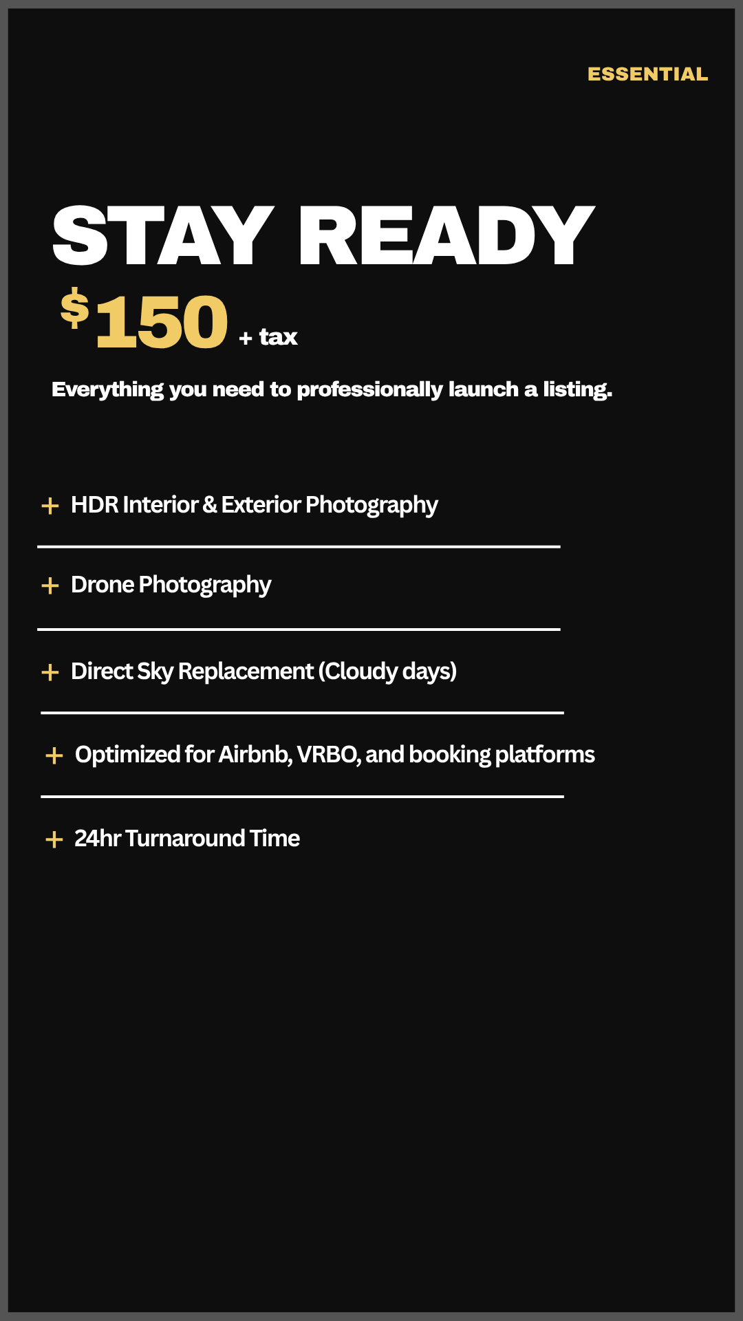 Advertisement for real estate listing launch service, priced at $150 plus tax, including interior and exterior photography, drone photography, sky replacement, platform optimization, and 24-hour turnaround.