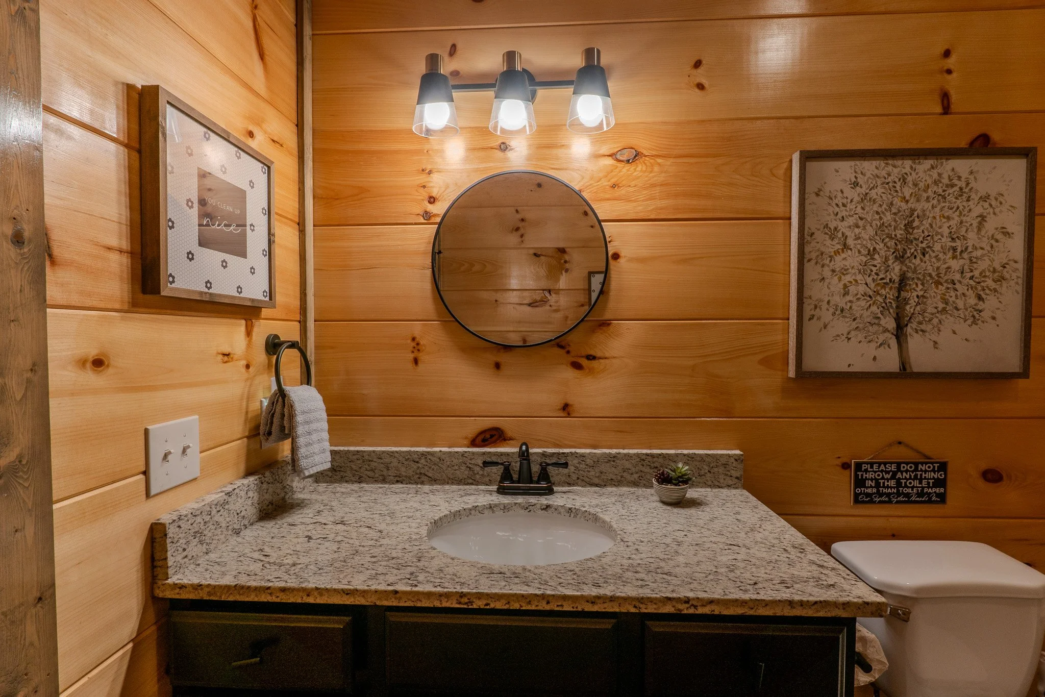 Bathroom with wood-paneled walls, granite countertop, round mirror, wall-mounted light fixture, framed artwork of a tree, small potted plant, and a toilet with a sign above it.