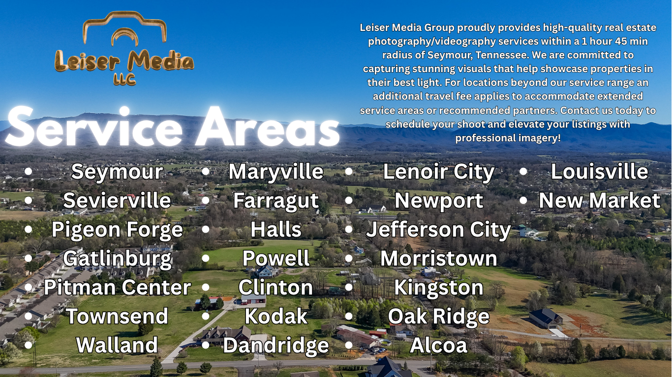 Aerial view of a rural area with mountains in the background, overlaid with text listing service areas for Leiser Media Group, including towns and neighborhoods like Seymour, Maryville, Louisville, Sevierville, Farragut, Newport, New Market, Pigeon Forge, Halls, Jefferson City, Gatlinburg, Powell, Morristown, Pitman Center, Clinton, Kingston, Townsend, Kodak, Oak Ridge, Walland, Dandridge, and Alcoa. Leiser Media LLC logo is at the top left.