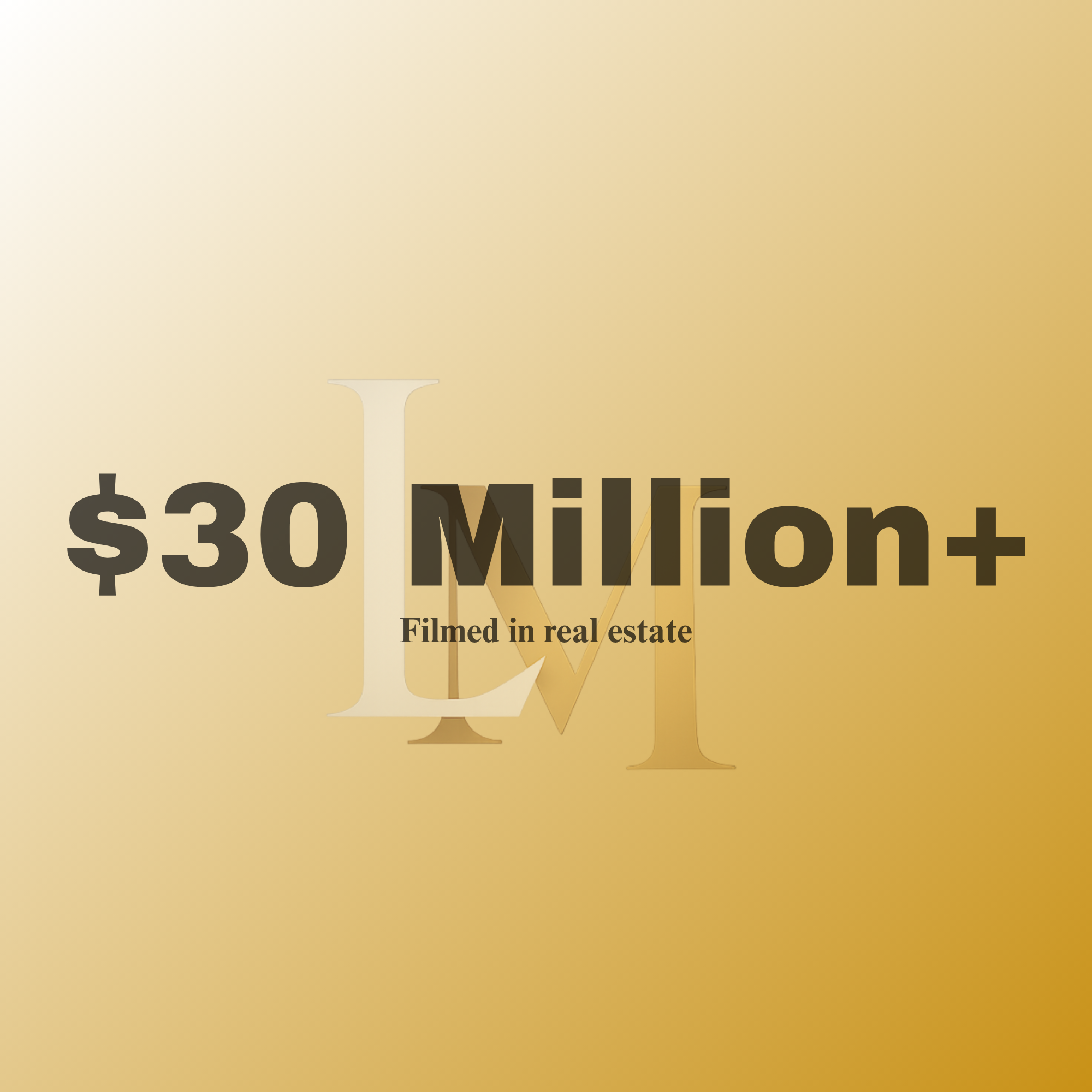 A graphic showing a gold-tinted background with black text announcing a property listing for sale at $30 million, filmed in real estate.