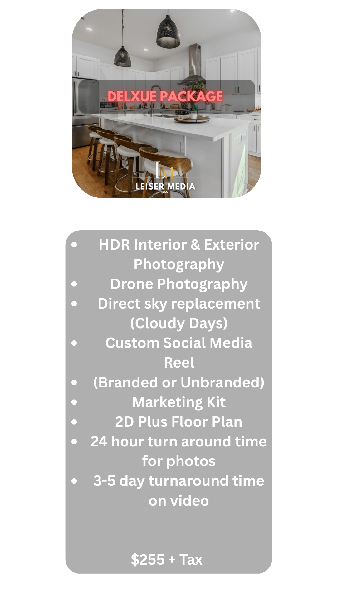 Photograph of a modern kitchen with white cabinets, an island with bar stools, pendant lights, and stainless steel appliances, with overlay text promoting a media package for HDR interior and exterior photography.