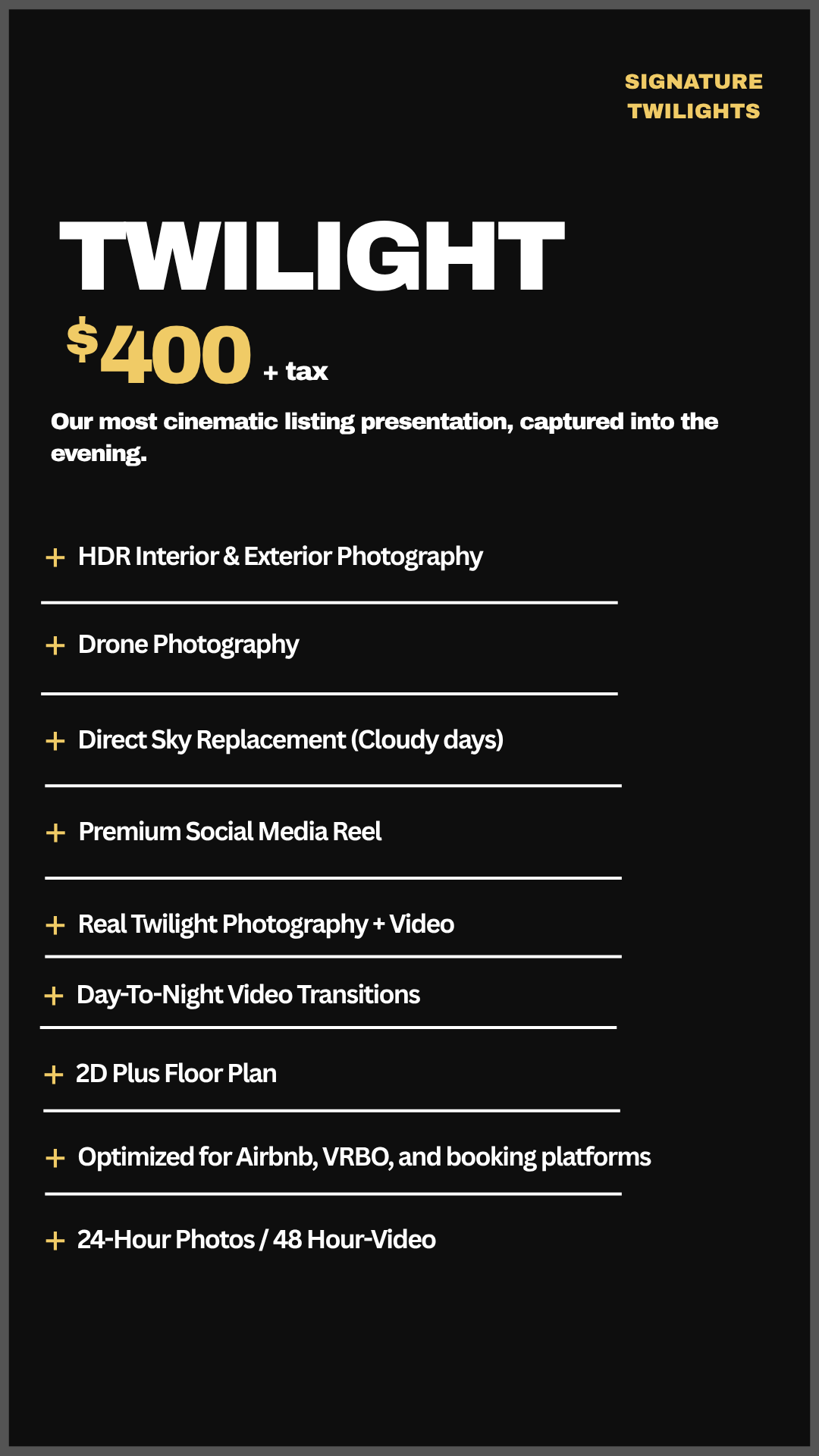 A promotional flyer for a Twilight-themed photography listing, priced at $400 plus tax, offering services such as interior and exterior HDR photography, drone photography, sky replacement, social media reels, Twilight photography and video, night-to-day video transitions, floor plans, and 24-hour photos and videos.