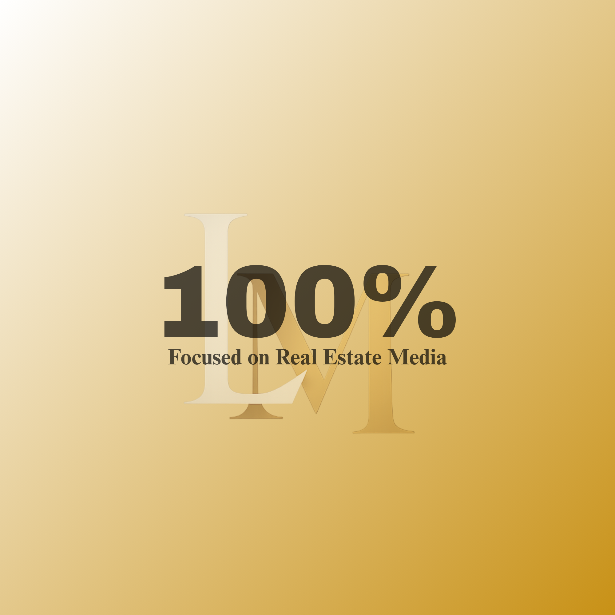 Gold and black text on a gradient background reads '100%'. It is focused on real estate media.