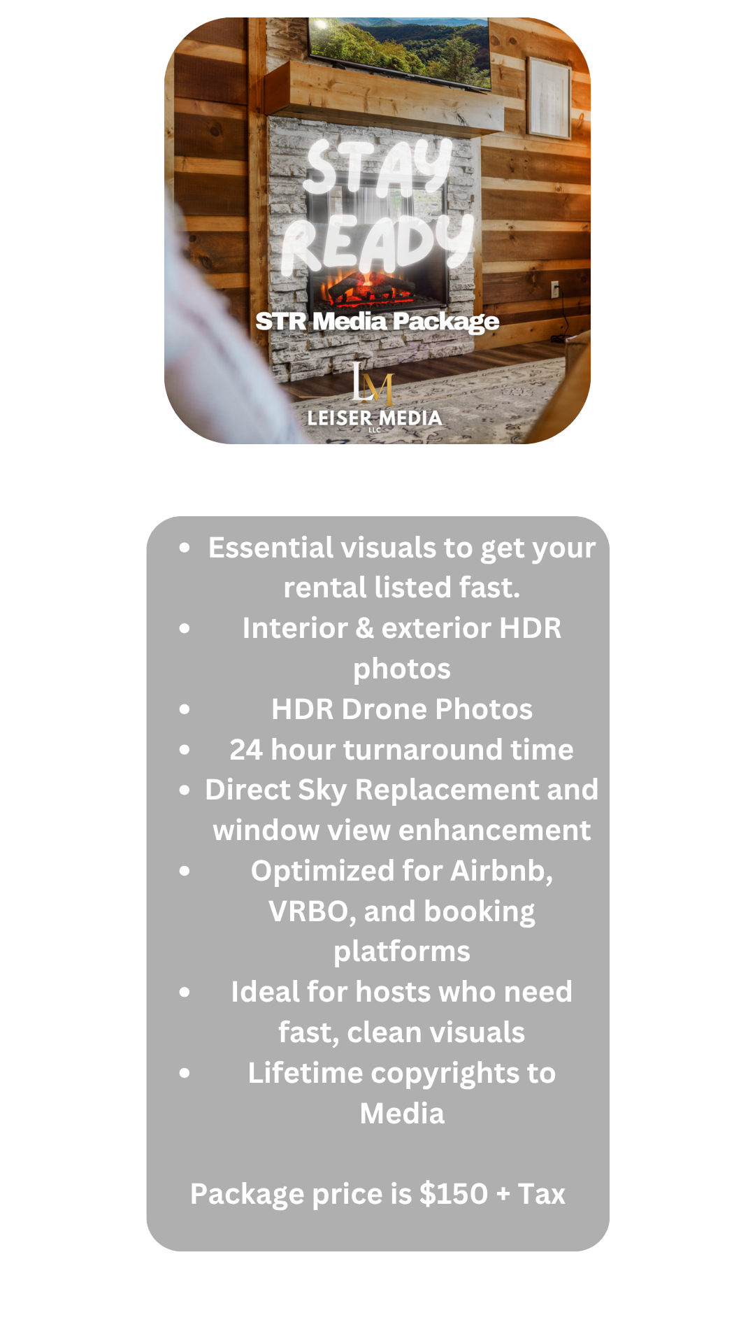 A living room with a brick fireplace, a flat-screen TV above it displaying a scenic nature view, and a wall with wood paneling. There is text overlay that reads 'STAY READY' and 'STR Media Package'.