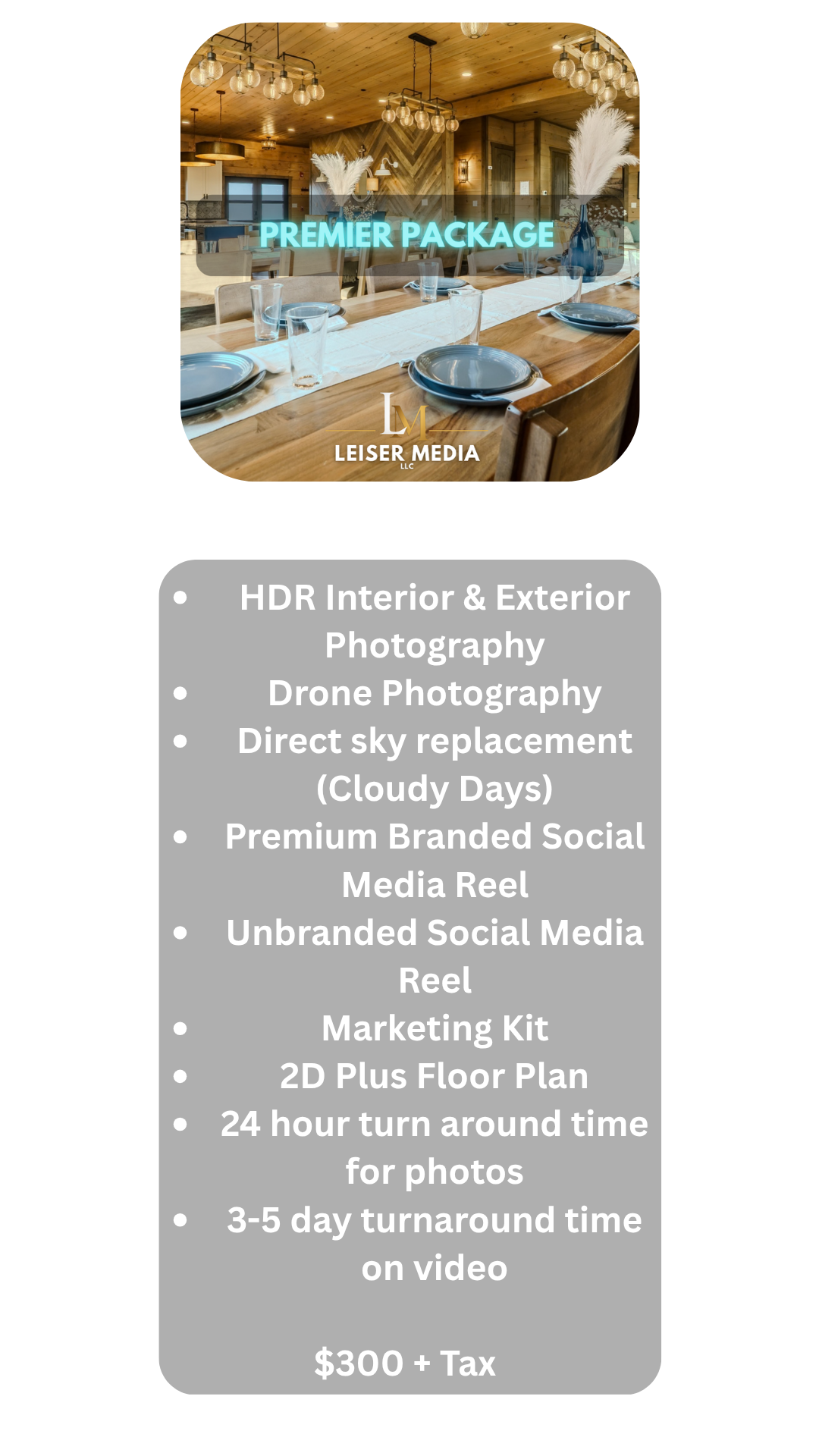 A digital advertisement for photography and social media marketing services showing a cozy wooden dining room with a long table set for a meal, decorated with tall vases containing pampas grass, and displaying services such as interior and exterior photography, drone photos, sky replacement, social media reels, floor plans, and video turnaround packages priced over $300 plus tax.
