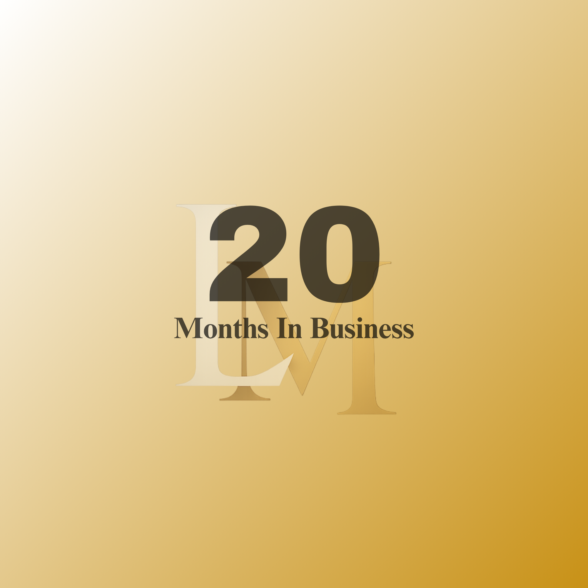 Celebratory graphic featuring the number 20 in large, bold font with a gold and beige gradient background, and the phrase "Months In Business" underneath.