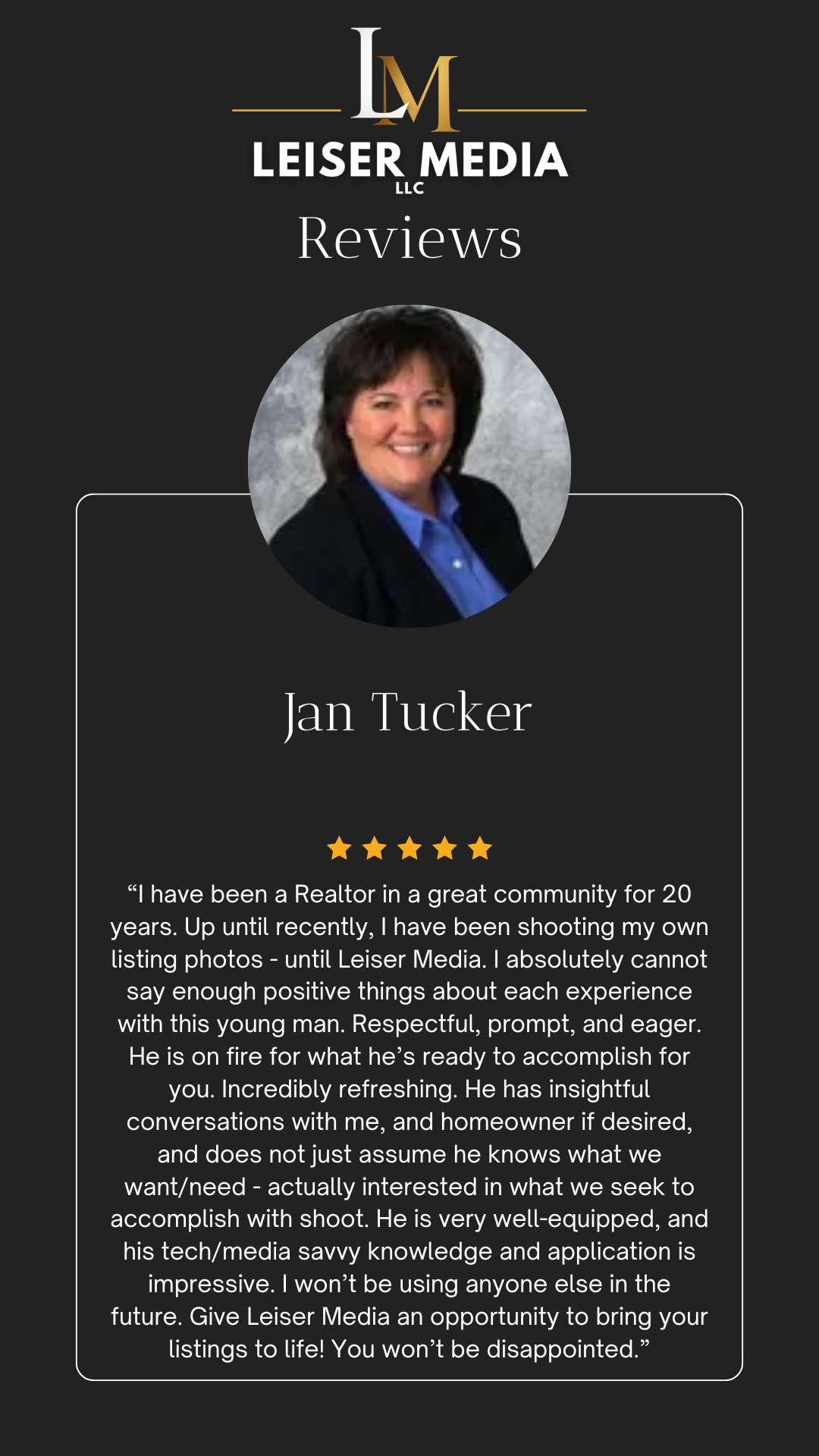 Business review card for Leiser Media LLC featuring a professional photo of Jan Tucker, five-star rating, and testimonial text.
