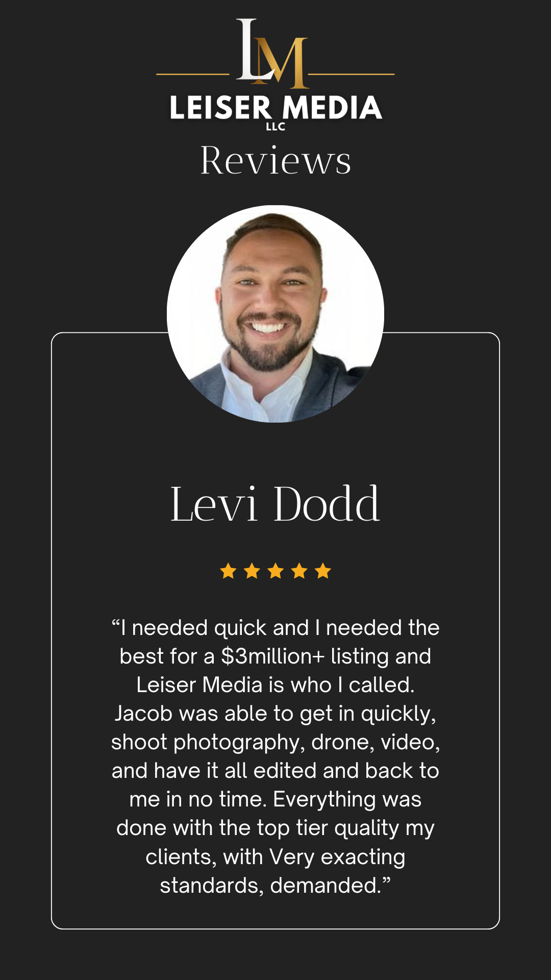 Leiser Media LLC review page featuring a photo of Levi Dodd, five-star rating, and a client testimonial.