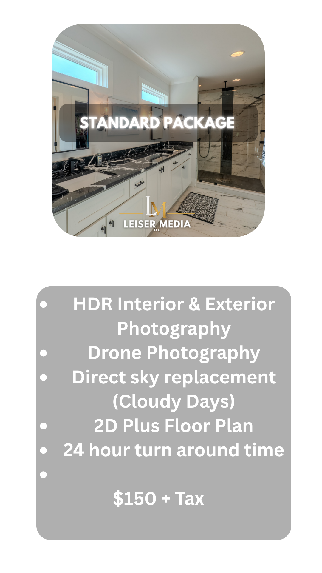 A promotional flyer for interior and exterior photography services featuring a modern bathroom with black and white marble countertops, white cabinets, a large mirror, and a walk-in shower with marble walls.