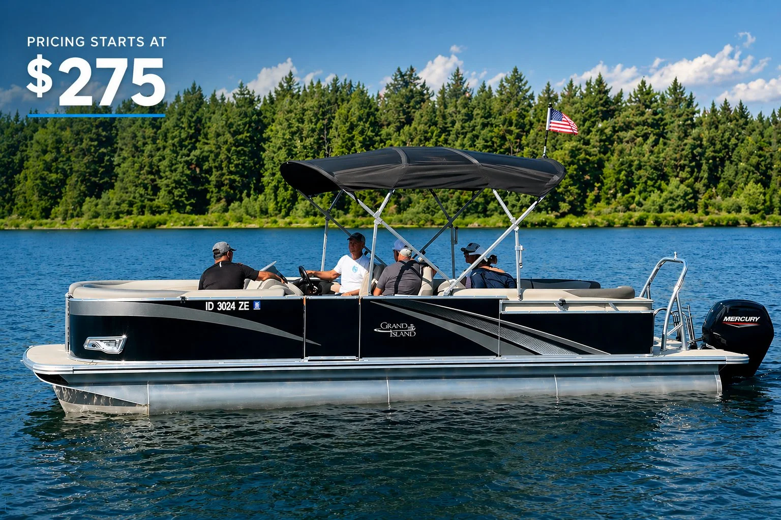 Premium 25-foot pontoon boat rental at Kent's Boats on Lake Coeur d'Alene, Idaho.