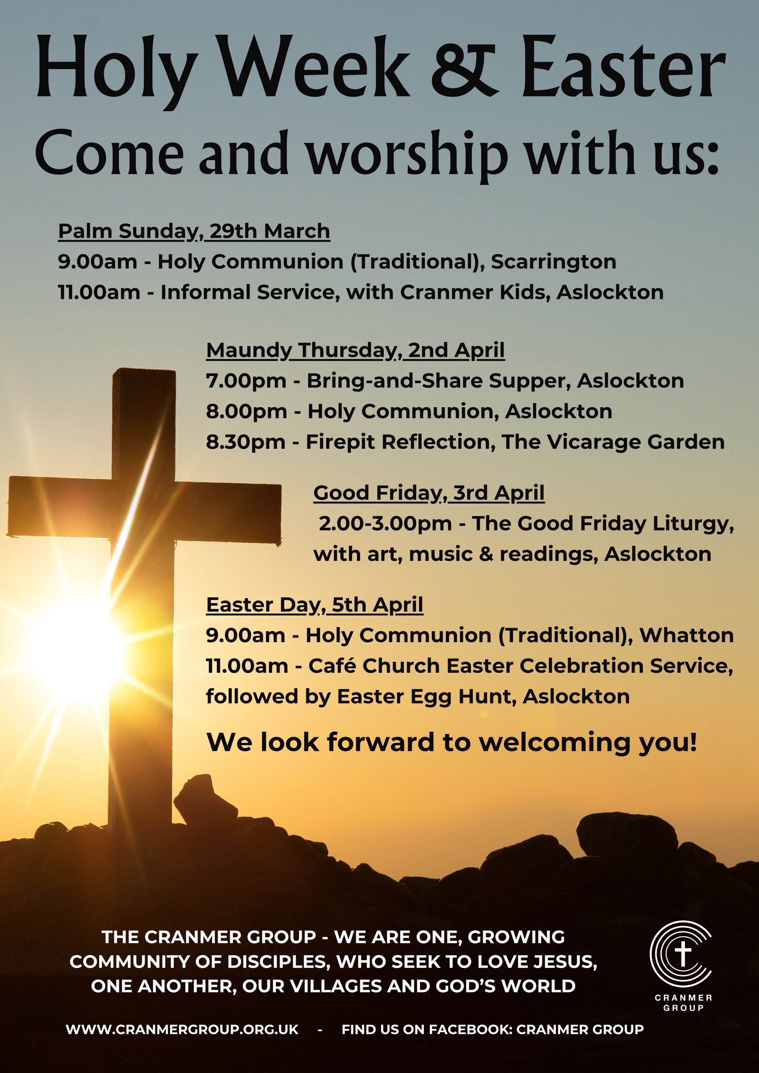 Schedule of Holy Week and Easter events at a church, including services, celebrations, and an Easter egg hunt, with a background of a cross and sunrise.