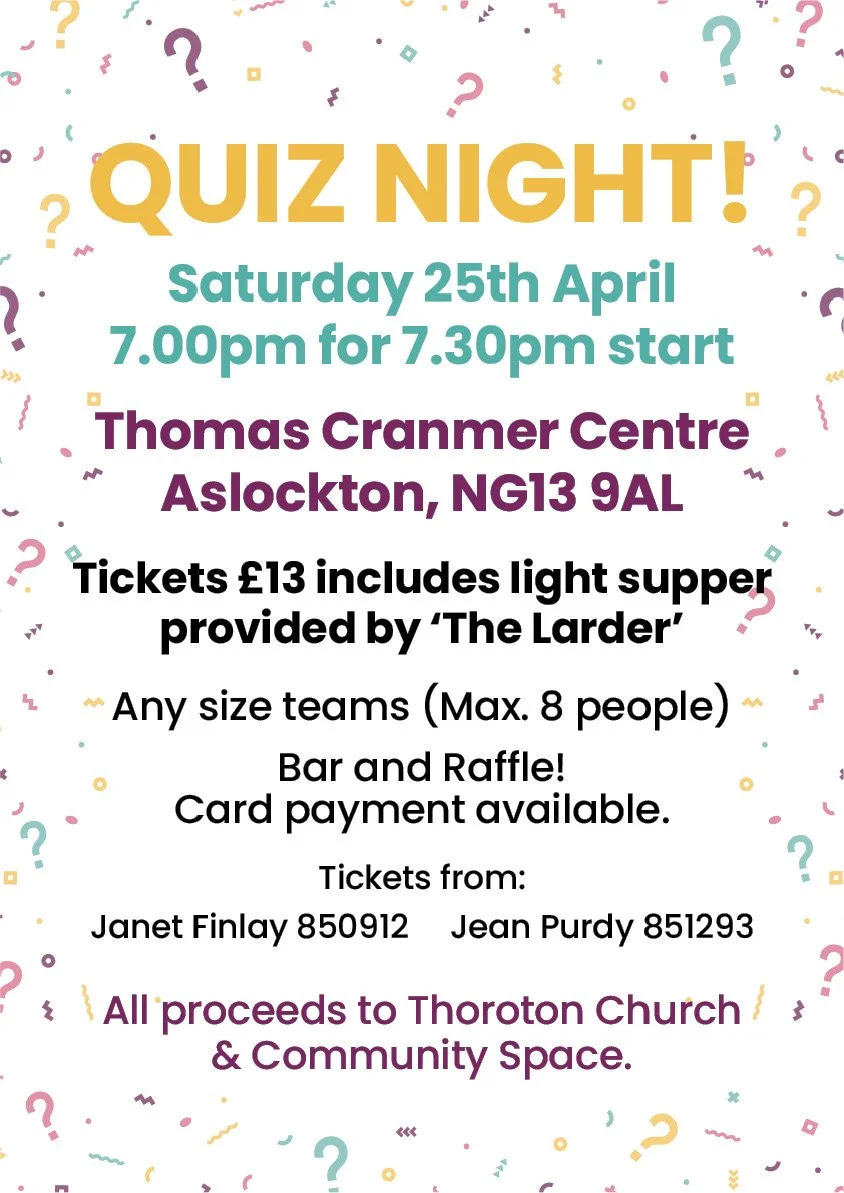 Invitation poster for quiz night event with colorful confetti background, event details including date, time, location, ticket price, and proceeds donation information.