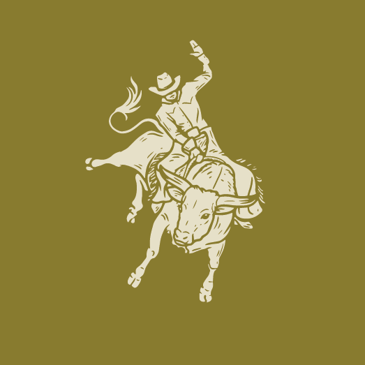 Silhouette of a cowboy riding a bucking bull, holding a hat in one hand.