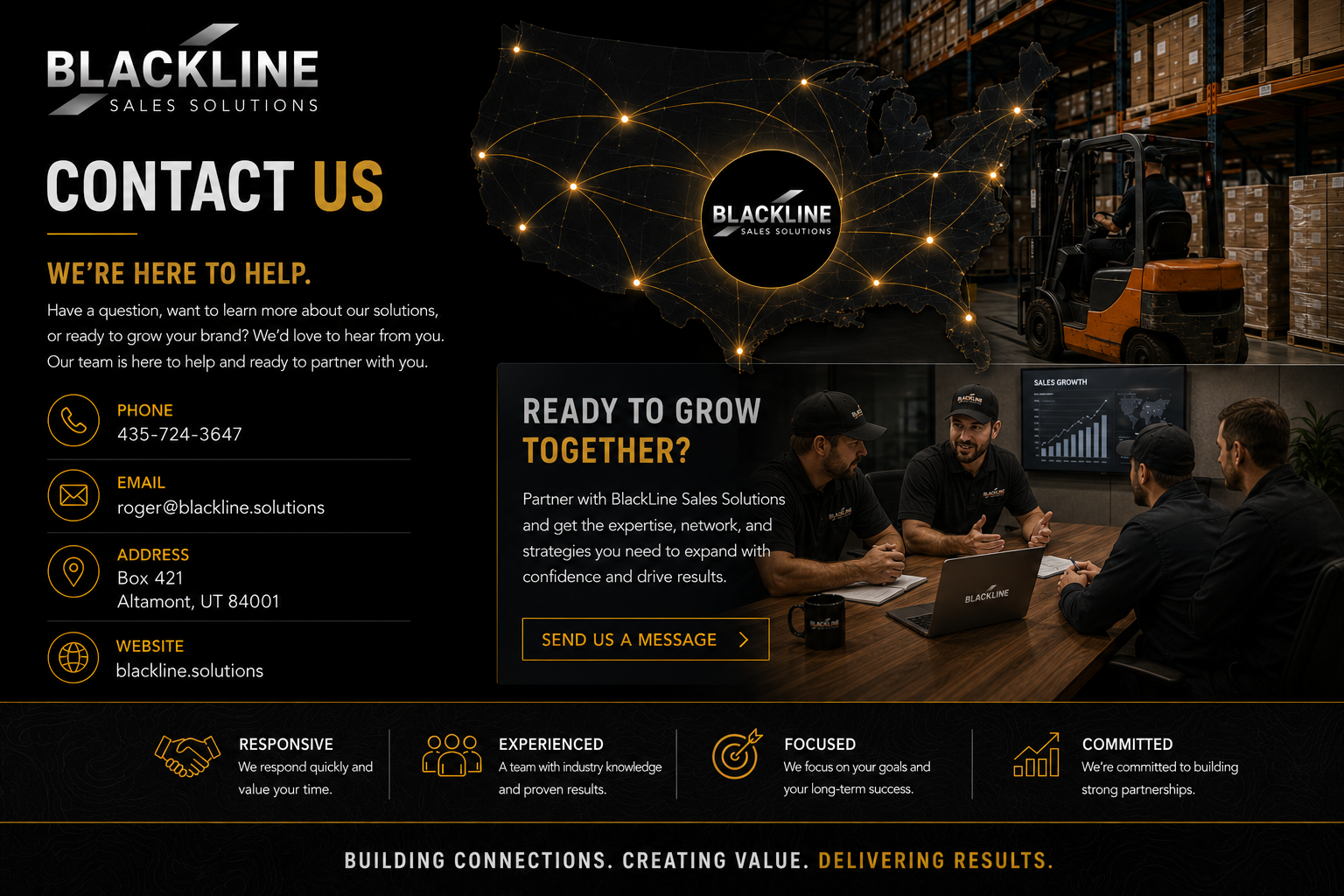 An informational website for BlackLine Sales Solutions featuring contact information, a global map with connected nodes, a meeting with four representatives in black uniforms, and icons highlighting services and values like responsiveness, experience, focus, and commitment.