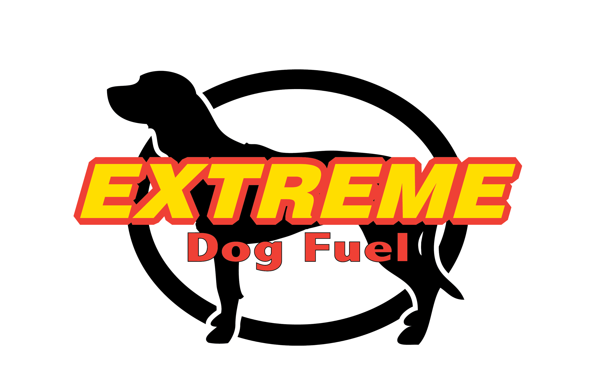 Logo of a dog with the words 'Extreme Dog Fuel' in bold yellow and red letters.