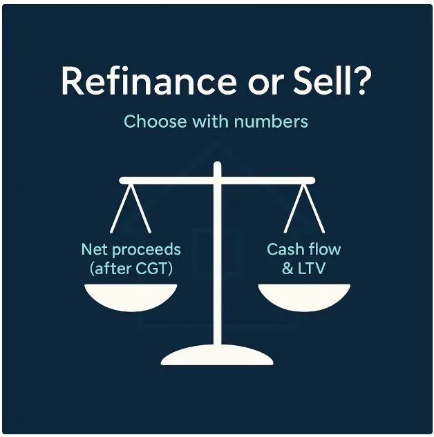 A balanced scale with two sides: net proceeds after CGT on the left and cash flow and LTV on the right, with text asking 'Refinance or Sell?' and 'Choose with numbers'.