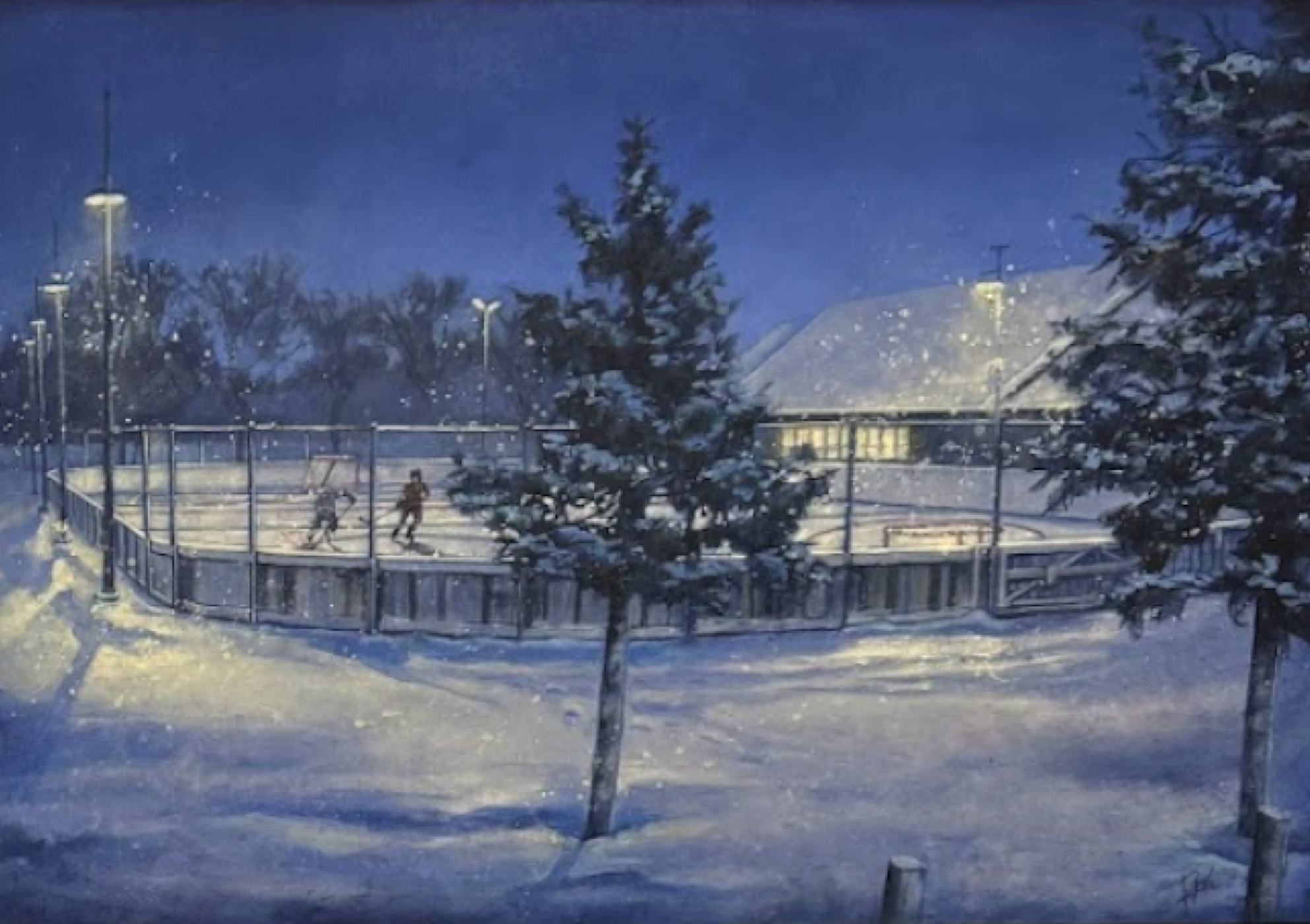 Custom watercolor painting of outdoor hockey rink commissioned by mother for NHL player son