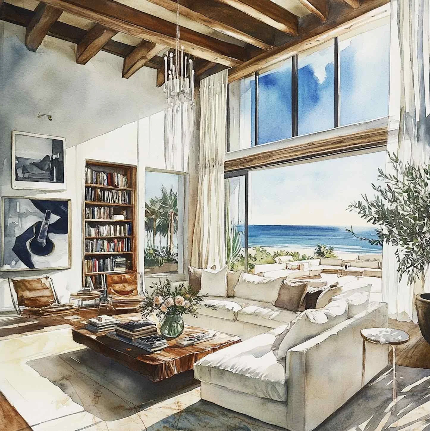 Watercolor painting of a coastal living room with soaring ceilings, exposed wood beams, and ocean views. A neutral sectional sofa, rustic wood coffee table, and floor-to-ceiling windows create an airy, relaxed California-inspired retreat