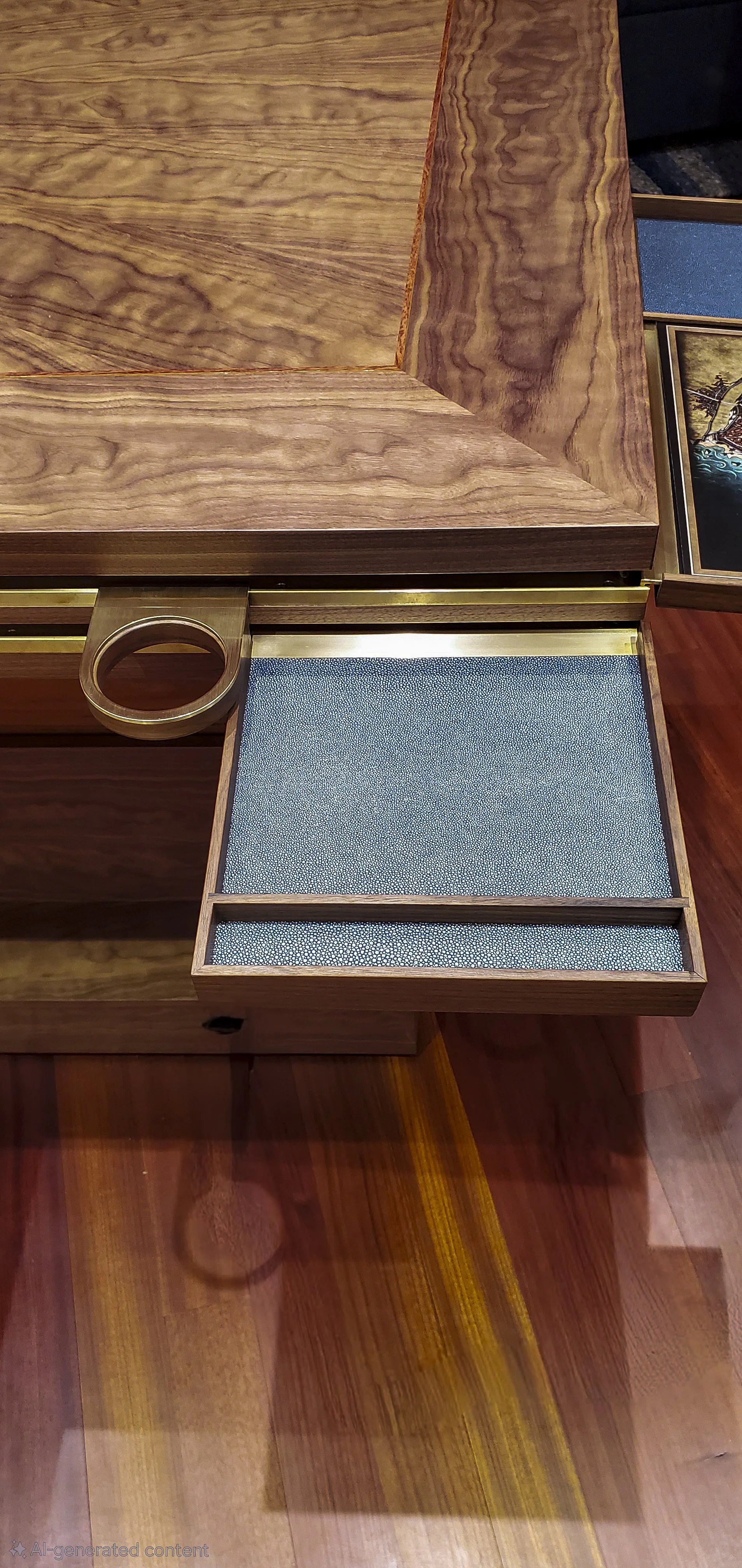 Dice rolling trays were made from solid walnut wood, vegan shagreen and brass