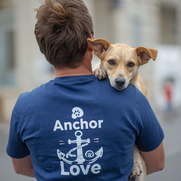 Person wearing a blue shirt with the word 'Anchor' and a large white anchor graphic, holding a tan dog with a curious expression on its face.