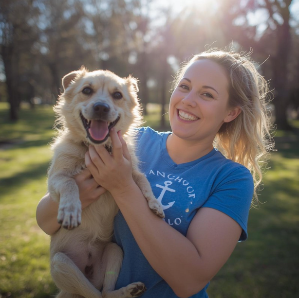 A young woman with blonde hair smiling and holding a happy, light-colored dog outdoors in a park during daytime.