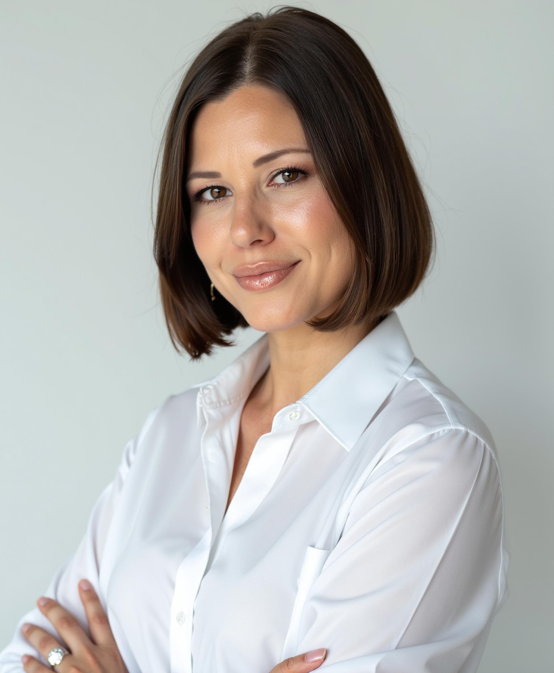 A woman with shoulder-length dark brown hair wearing a white button-up shirt, smiling with crossed arms, against a plain light grey background.