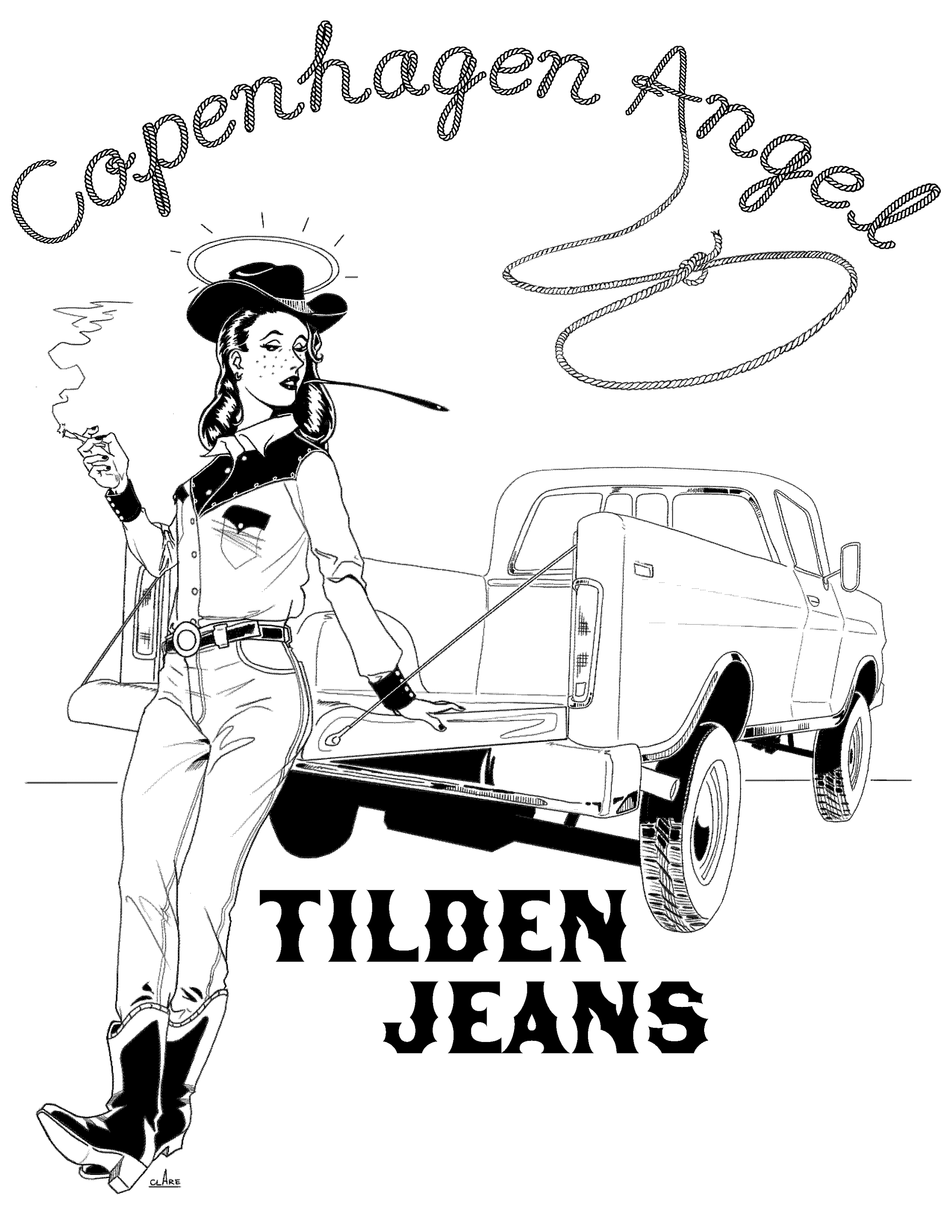 Cowgirl spitting chewing tobacco leaning against old truck. Titled Copenhagen Angel with the words Tilden Jeans below.