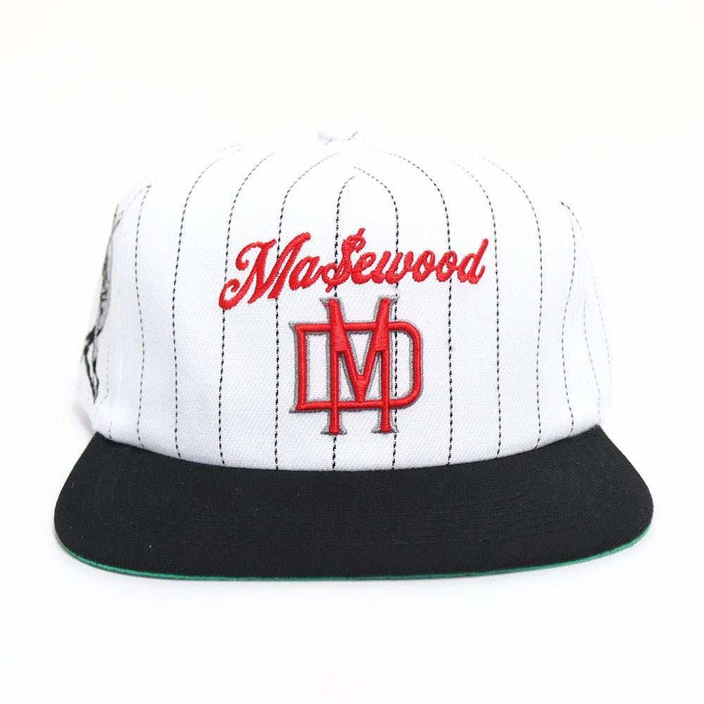 White snapback cap with black pinstripes, red embroidered "Mayewood" text, and a red logo. Black bill with a green underside.