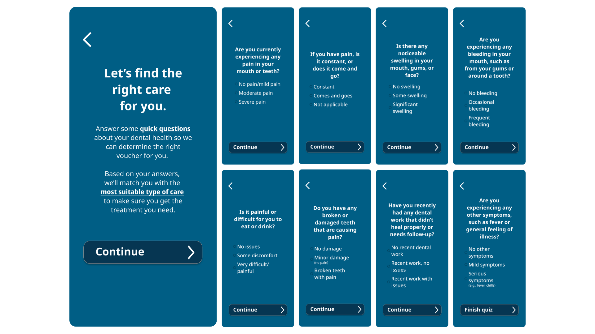 A digital quiz interface titled "Let's find the right care for you" with prompts asking about dental health symptoms and conditions, including questions on pain, swelling, bleeding, broken teeth, recent dental work, and other symptoms, with options to continue or finish the quiz.