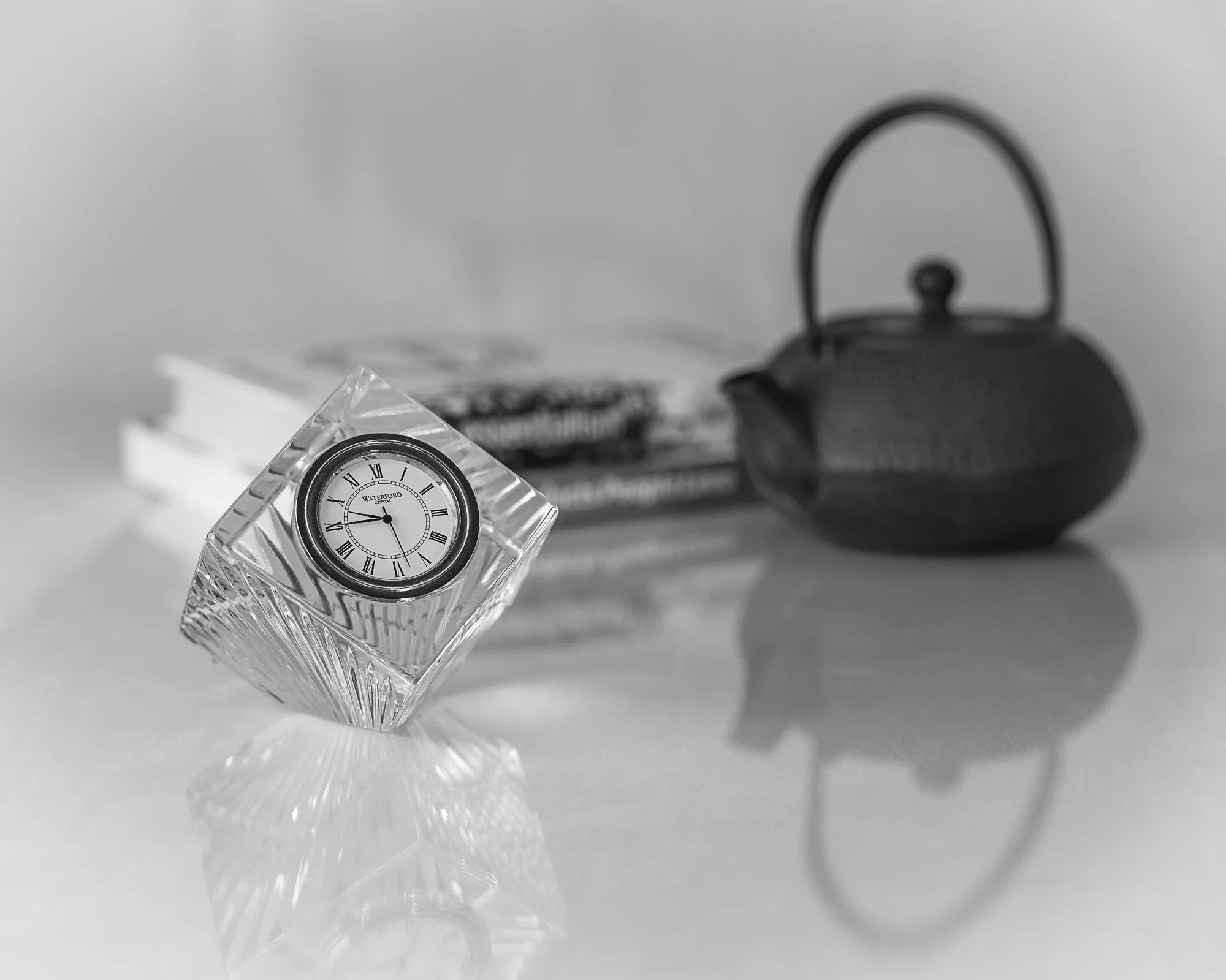 Black and White Still Life of Waterford Crystal Clock with Reflection