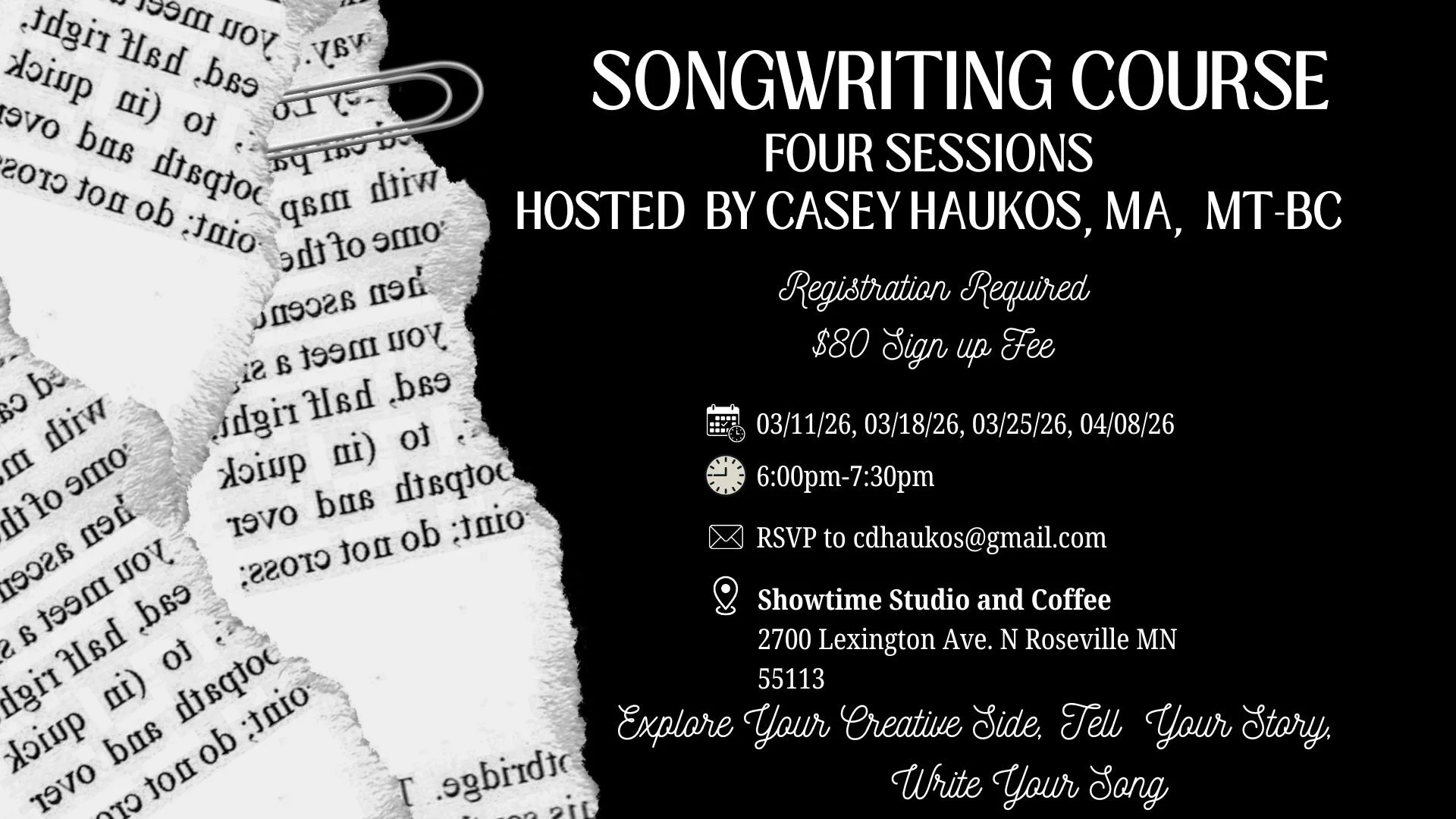 Songwriting Course (4 Sessions) Hosted by Casey Haukos