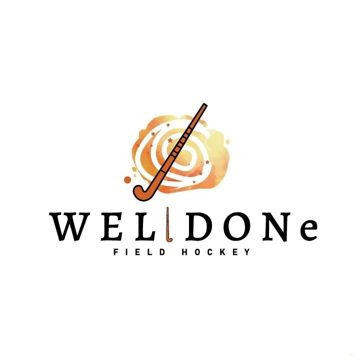 Logo for WeldOn Field Hockey, featuring a stylized field hockey stick forming the letter 'L' in the text, with a background resembling a swirling comet or starry sky.