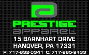 Logo for Prestige Apparel with contact information in Hanover, PA.