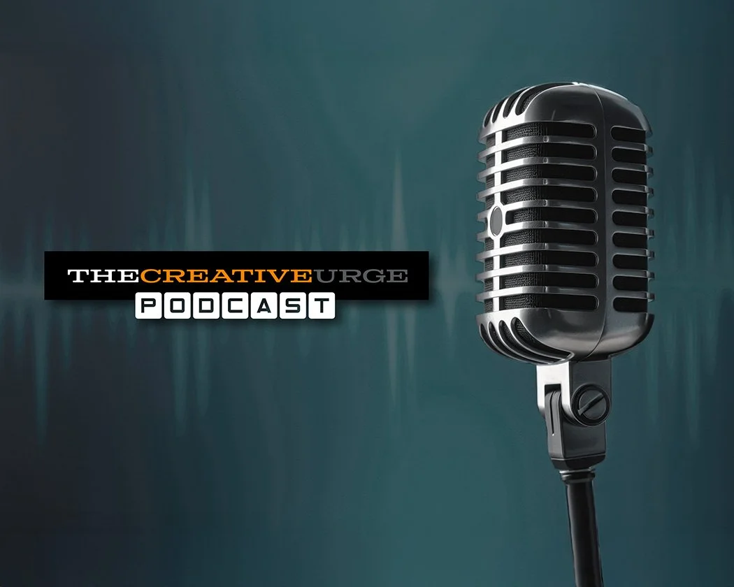 Graphic design for 'The Creative Urge Podcast' featuring a vintage-style microphone against a dark green background.