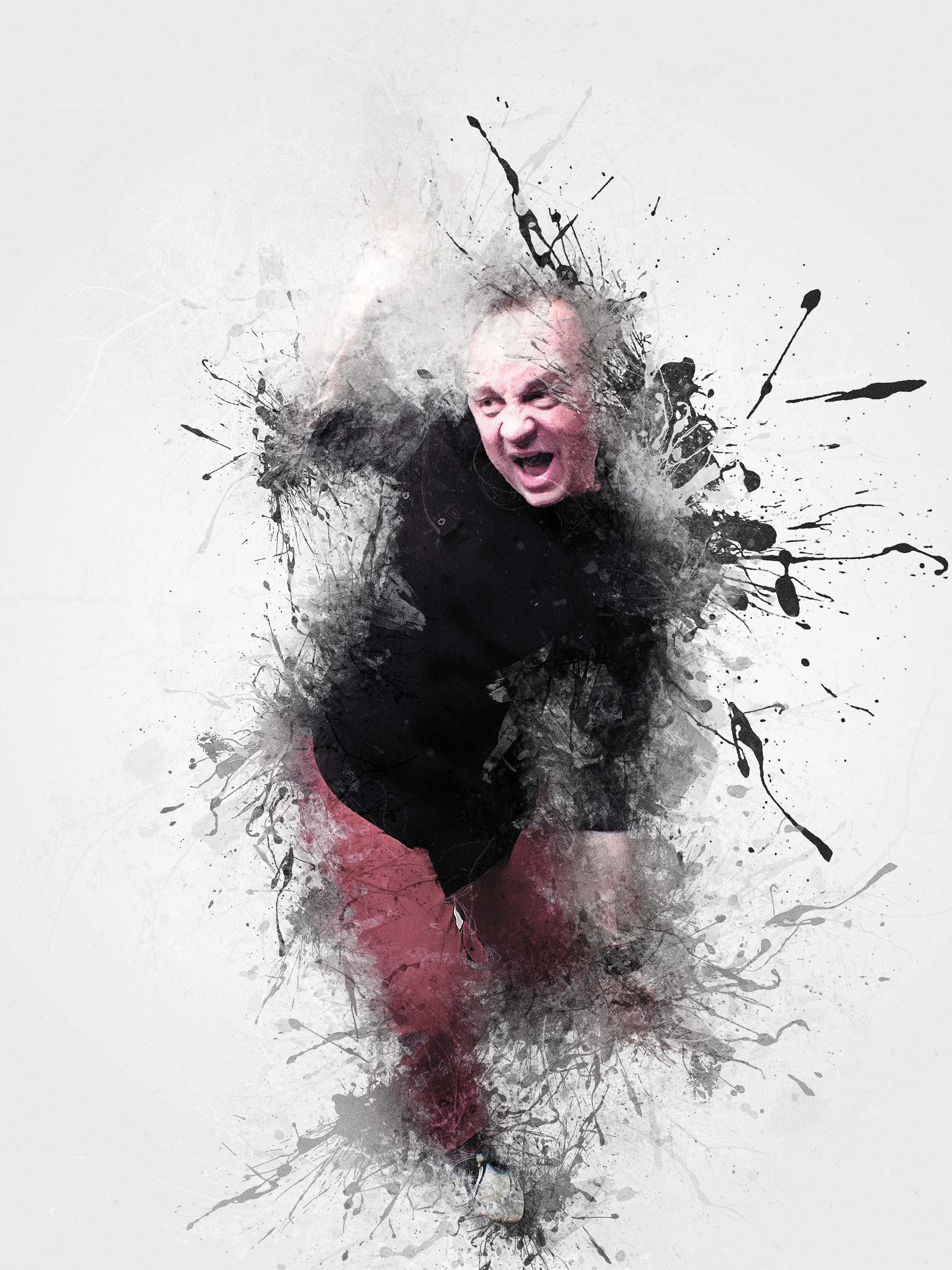 Digital artwork of a Joel Harris shouting with an intense expression, surrounded by abstract black and red paint splashes and splatters on a light background.