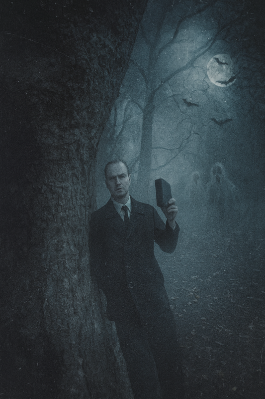 A man in a suit holding a black box in a dark, eerie forest at night with bare trees, bats, and full moon in the background.
