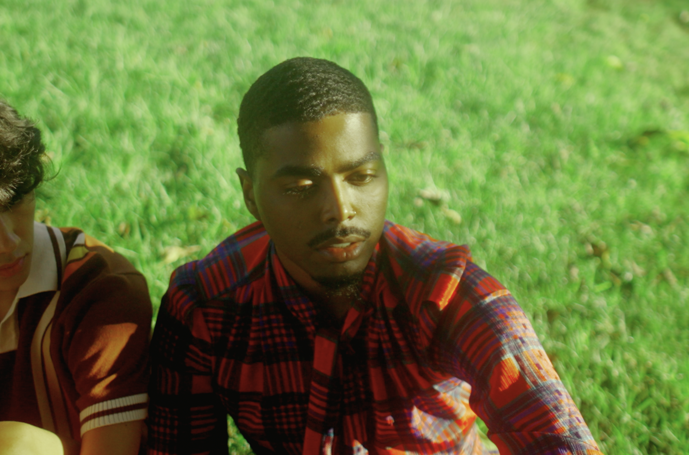 Young man with a short haircut and mustache sitting on grass, wearing a red and black plaid shirt, next to a person in a brown shirt with striped sleeves.
