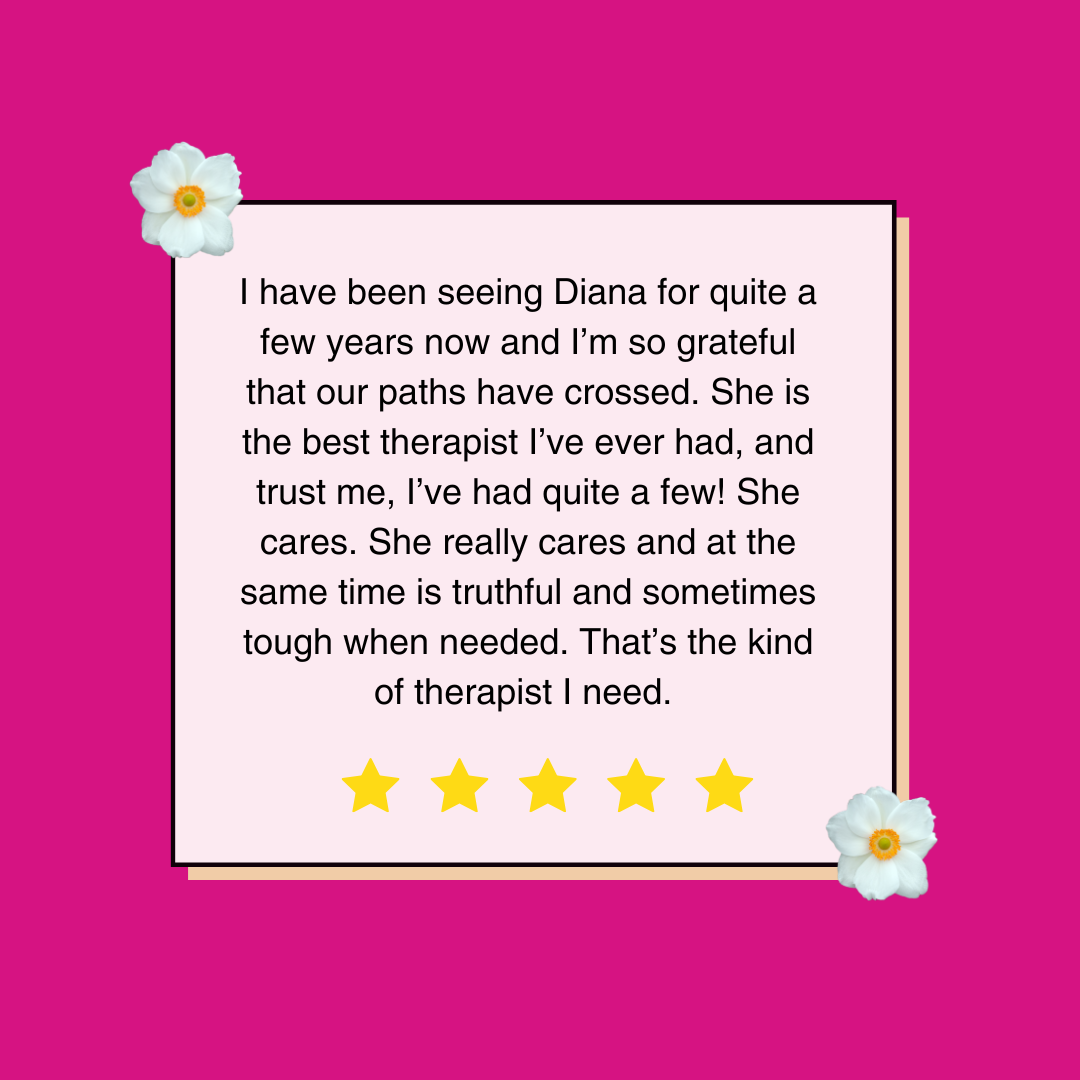 A pink text box with flowers and a positive google review of Diana Partington's DBT Group | Dialectical Behavior Therapy (DBT) Therapy | Help for BPD, Depression, and suicide prevention