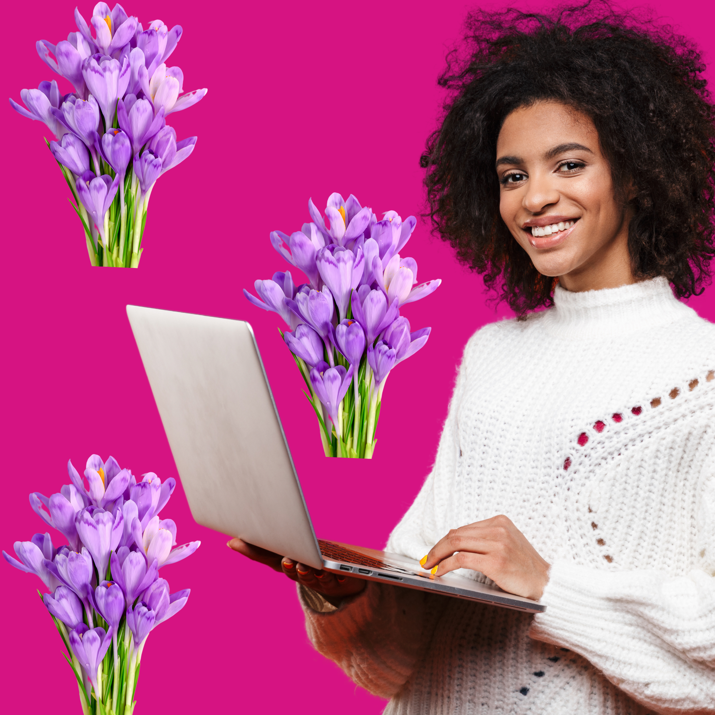 A woman with curly black hair wearing a white sweater, smiling while holding a laptop  |   Dialectical Behavior Therapy (DBT)  Therapy | Help for BPD, Depression, and  suicide prevention
