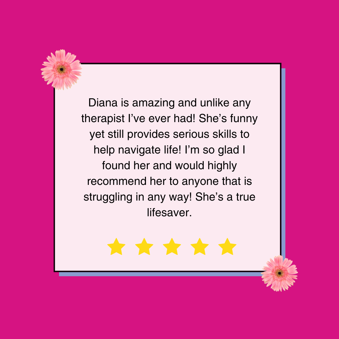 Pink text box with a positive google review of Diana Partington's DBT Group | Dialectical Behavior Therapy (DBT) Therapy | Help for BPD, Depression, and suicide prevention