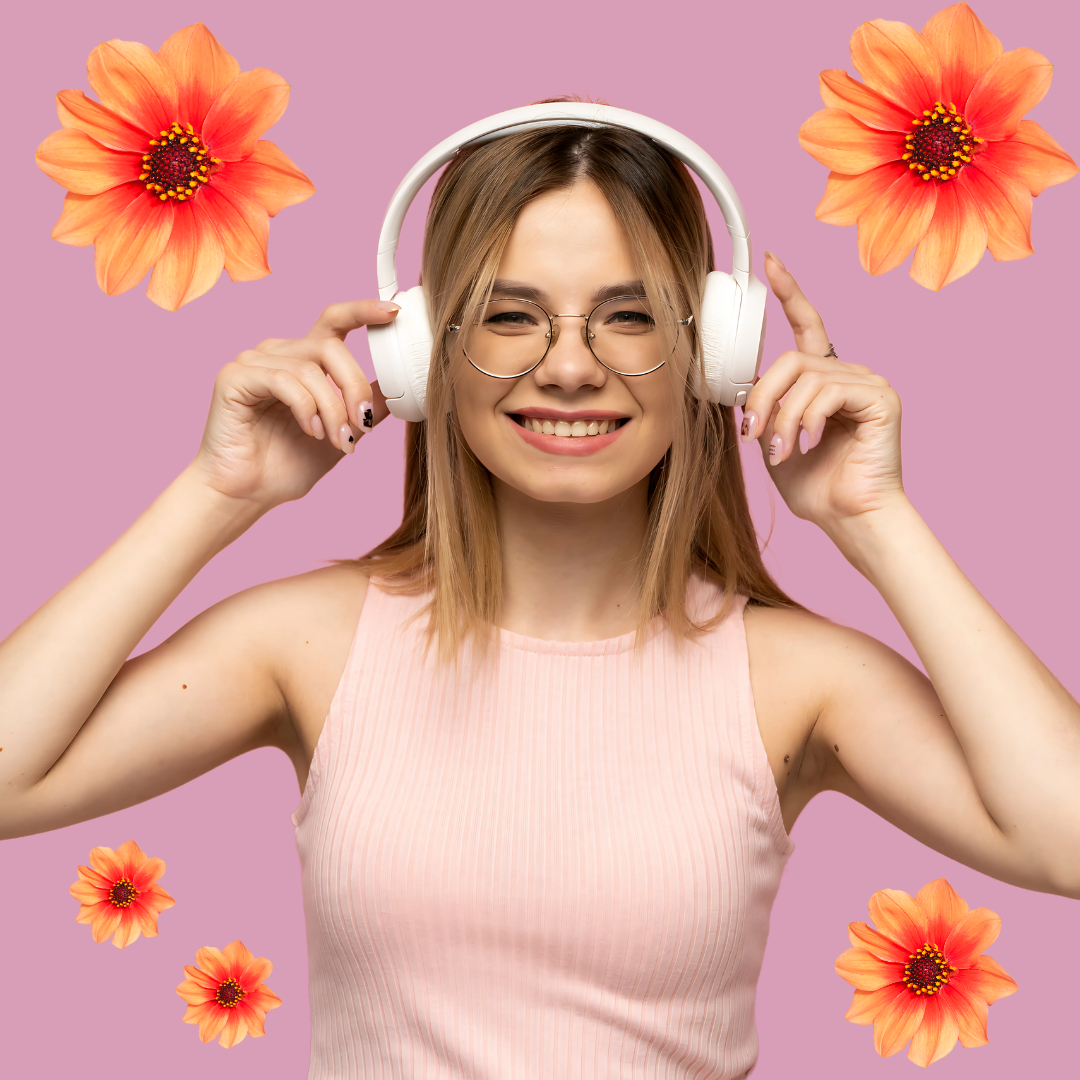 A young woman with glasses and shoulder-length hair smiling while wearing headphones  |   Dialectical Behavior Therapy (DBT)  Therapy | Help for BPD, Depression, and  suicide prevention