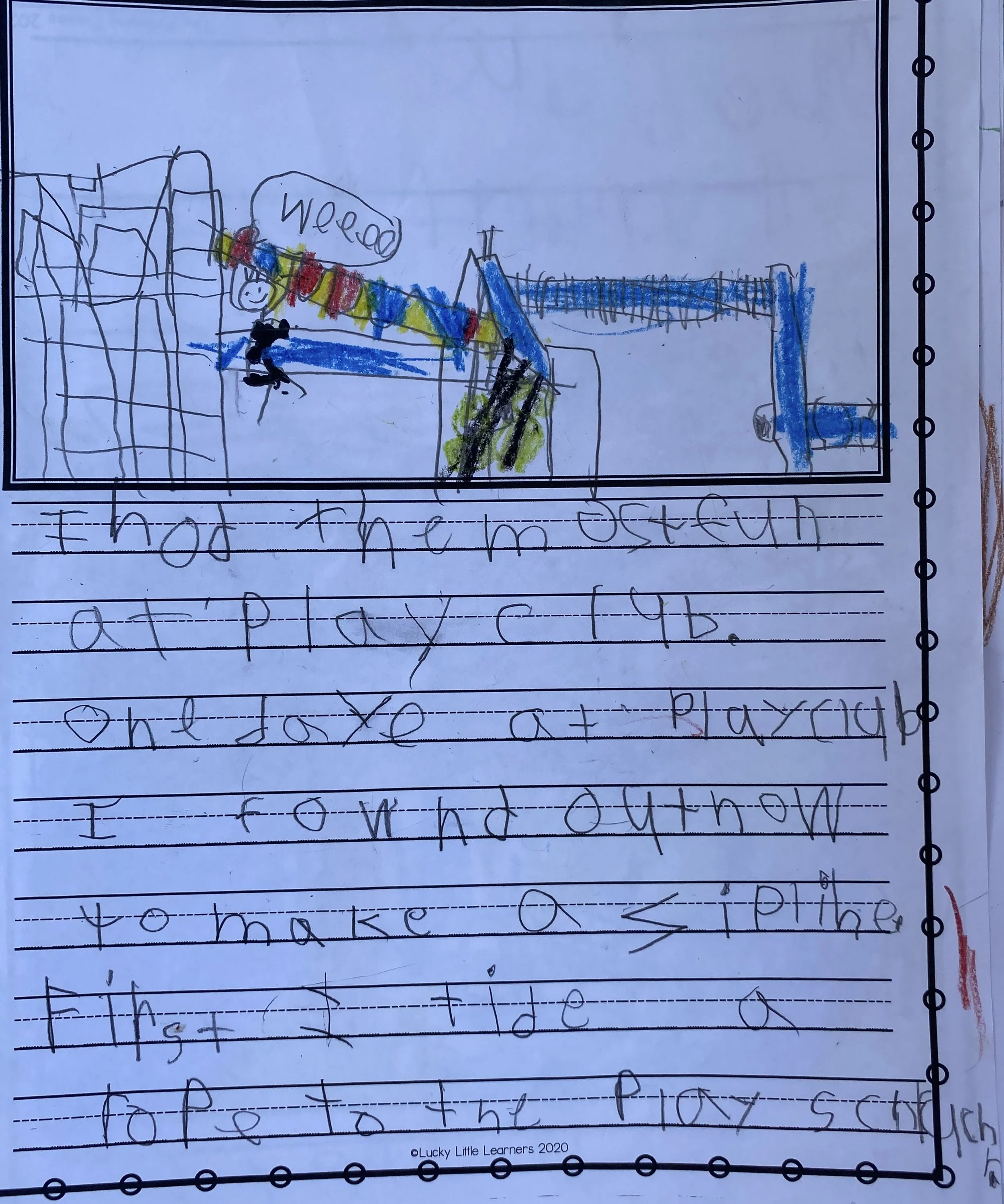 A child's school assignment to write about their favorite thing: play club. The drawing depicts play on the outdoor play structure using a rope zipline fashioned by the child out of loose part materials.