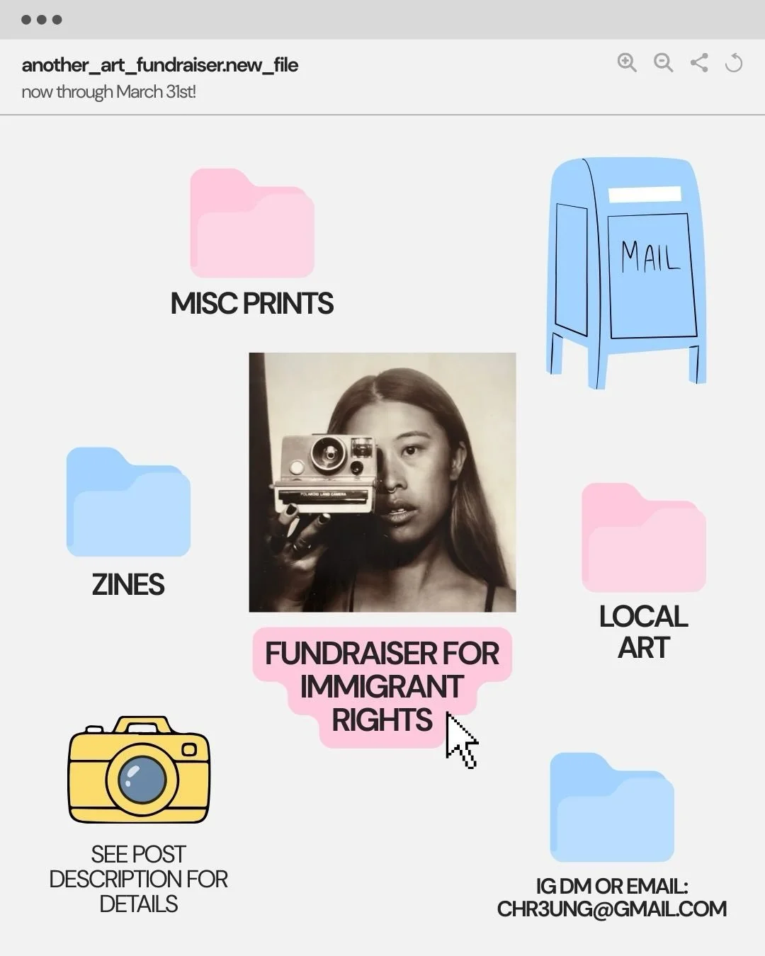 FUNDRAISER FOR IMMIG@NT RIGHTS - I will mail you artwork from myself (archived prints, zines) and misc artwork from the previous fundraiser for LA fires in 2025. 

1. DM or email me (chr3ung@gmail.com) proof of donation $10 minimum to an organization