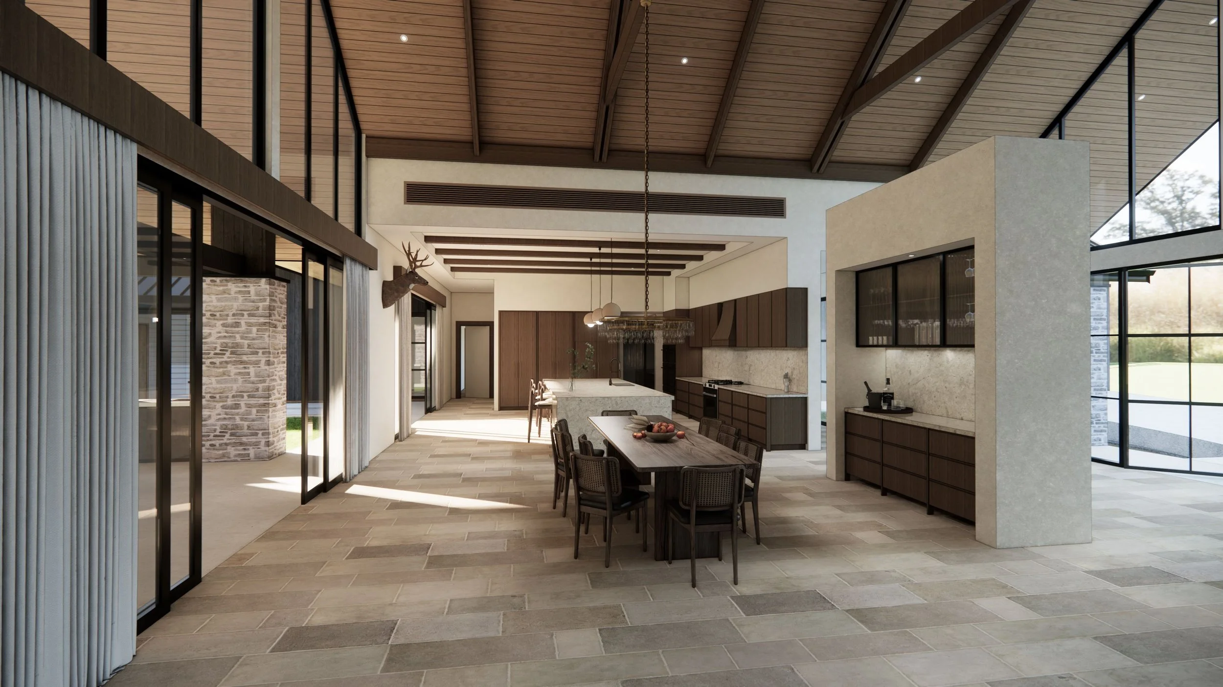 Gold Coast Hinterland, Modern farmhouse style, stone tiles, timber panelling, floor to ceiling windows, stone clading