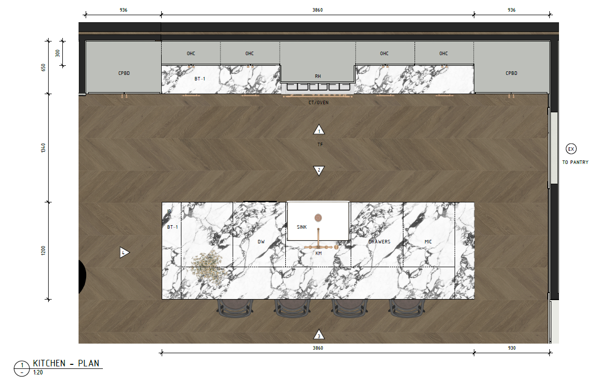Kitchen layout plan showing a large marble island with a sink, three stools, and a wood floor. Cabinets with marble countertops and various appliances are along the top wall, with a pantry exit on the right side.