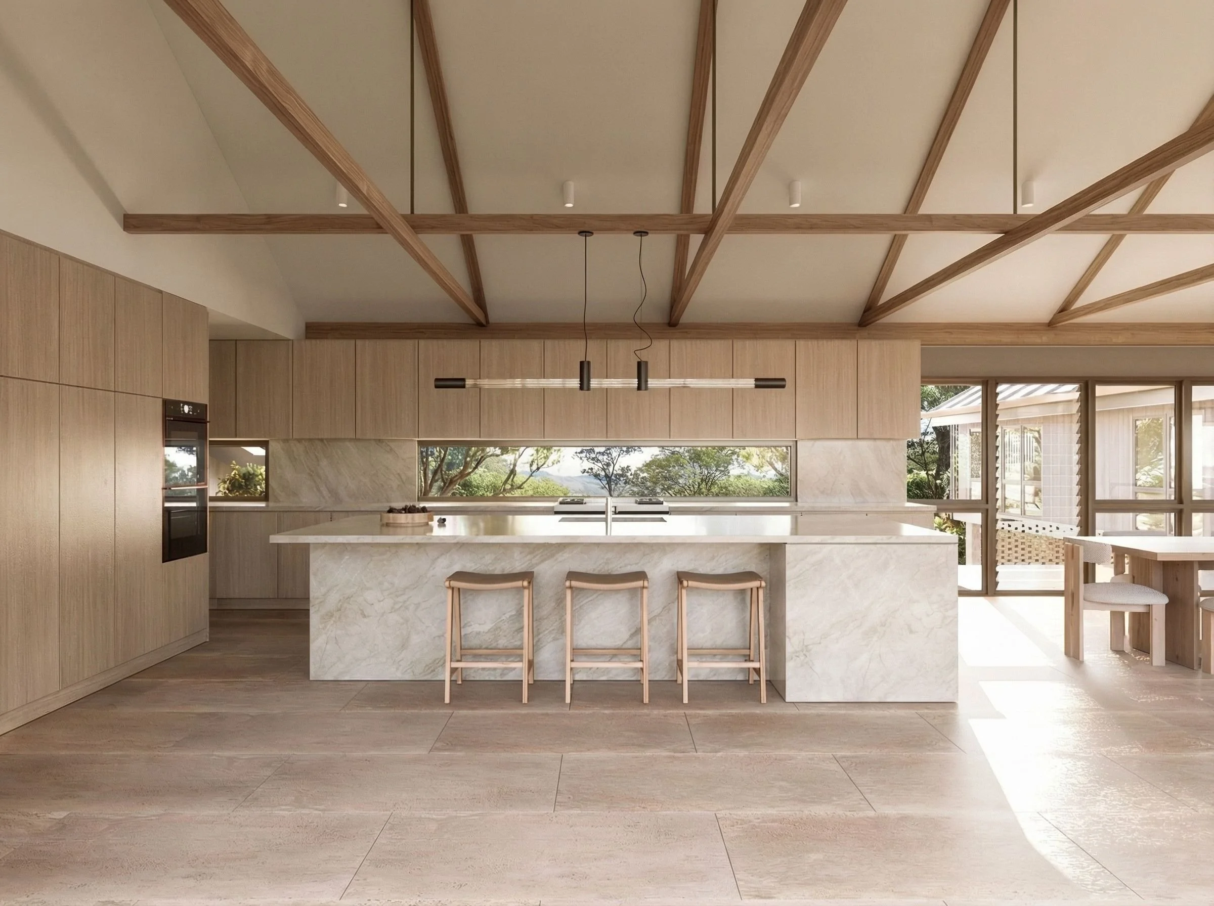 Modern kitchen with wooden cabinetry, white marble island, hanging pendant light, large windows with views of trees, and a dining area.