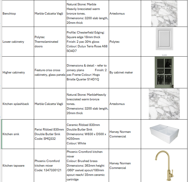 A detailed list of kitchen and cabinetry materials, including marble, polytec, glass panels, ceramic ribbed sink, and brass kitchen mixer, with images of marble, a cabinet door, a cabinet inside, a marble splashback, a white ceramic sink, and a brass kitchen tap.