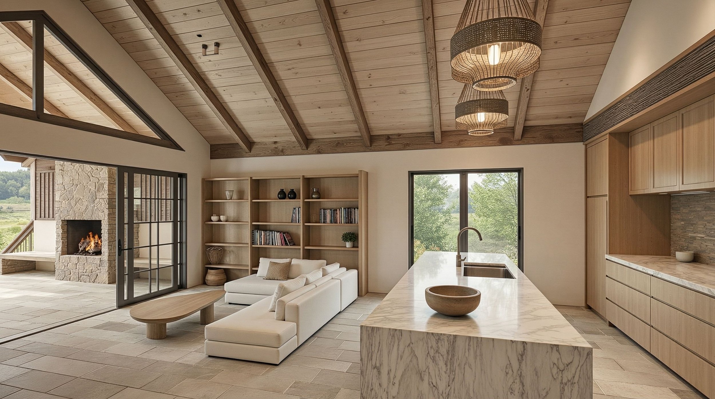 Interior of a modern living room with vaulted wooden ceiling, large windows showing outdoor greenery, a fireplace, a white sectional sofa, a bookshelf, and a marble kitchen island with a sink.