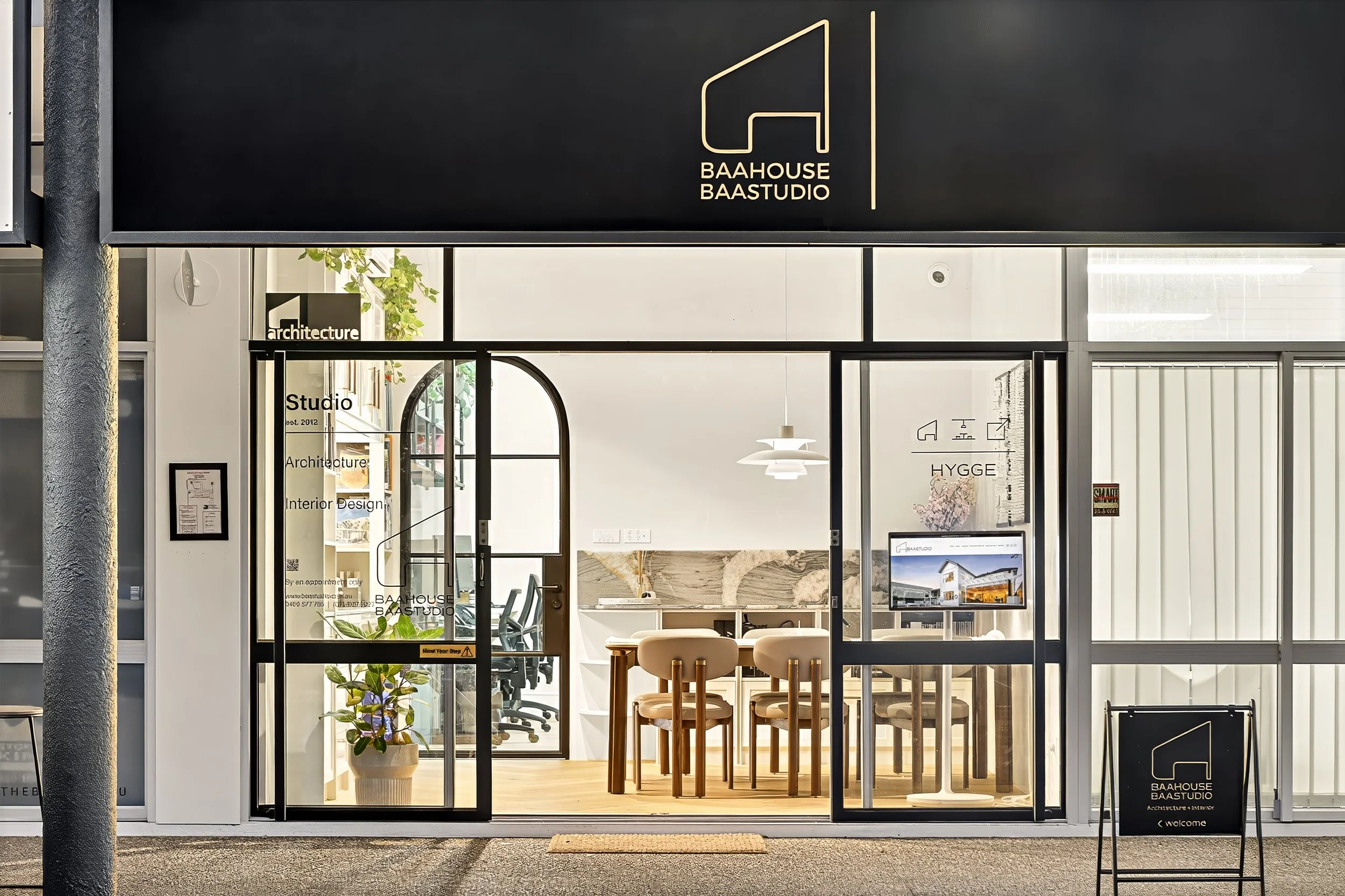 Storefront of Baahouse Baastudio, an architecture and interior design firm, with large glass windows showing interior furniture and decor, and signage indicating the studio's name.